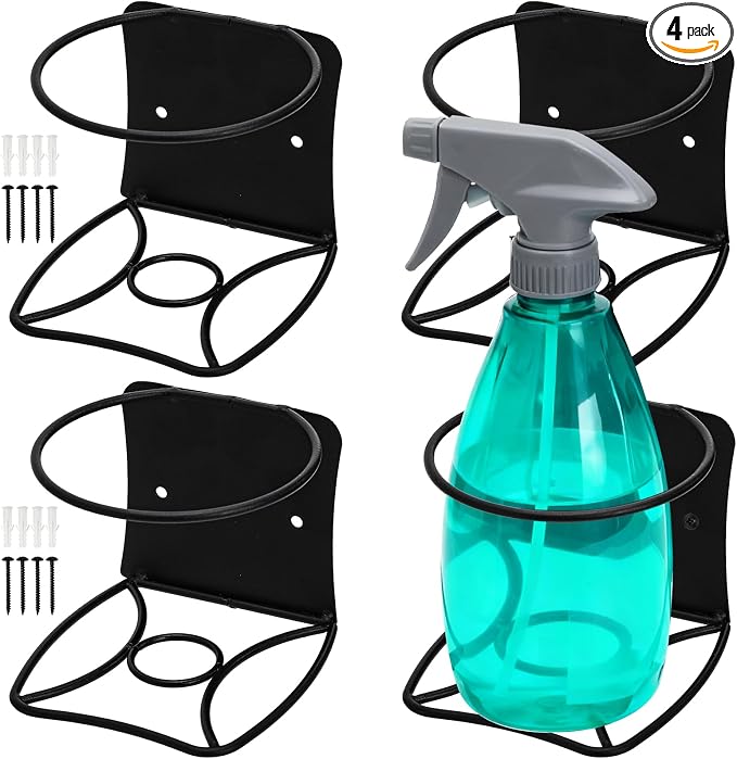 Okllen 4 Pack Spray Bottle Holder, Heavy Duty Metal Wall Mount Spray Can Holder for Garage, Workshop, Craft & Kitchen Bottle Storage Rack, Easy Install with Hardware, Black