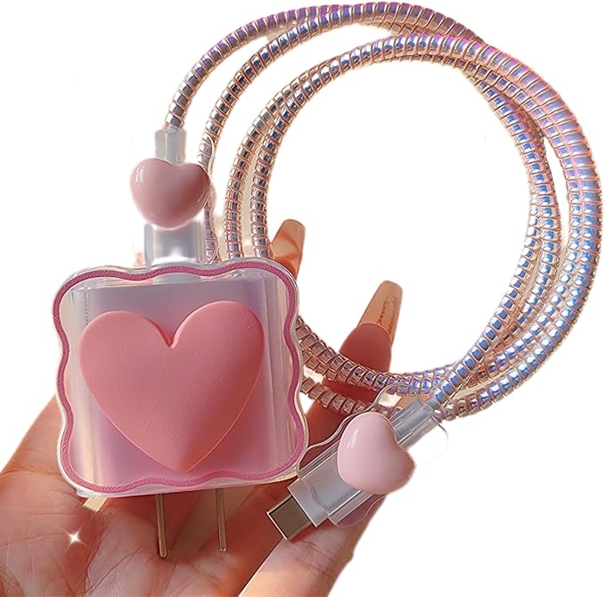 Cable Protector Charger Cover for iPhone iPad 18W/20W Charger Adapter,Kawaii Love Heart Charger Cord Protector,Soft Phone Cord Protector for iPhone iPad 18W/20W USB-C 1112 13 14 15 16 17 Pro Max-Pink