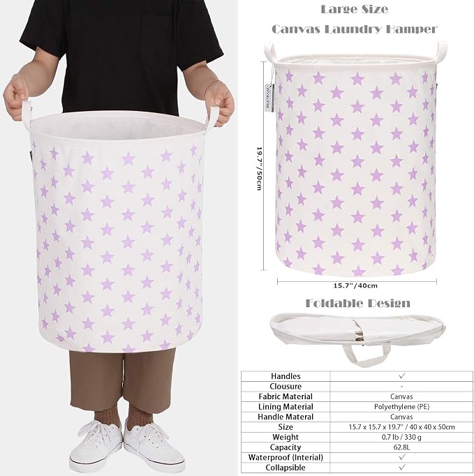 Sea Team Large Canvas Laundry Basket with Handles, Purple Stars | Collapsible Fabric Laundry Hamper, Closet Shelf Organizers, Containers for Clothing, Blankets, Toys, Bedding, 19.7 x 15.7”