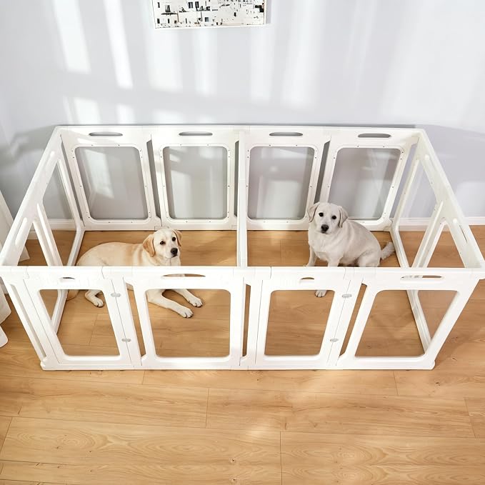 Clear Acrylic Indoor Dog Playpen, 24" H, 14 Panels, White | Open View, Modern Home Fit, No Climbing Bars, Tool-Free Setup, For Puppies & Small Dogs