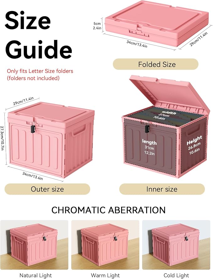 Oterri Lockable Plastic File Box with Lid for Letter-Size | Hanging File Folders Not Included. Pink, Large 1-Pack. Home, Office, Classroom, Dorm, Tax, Under Bed, Filing Cabinet.