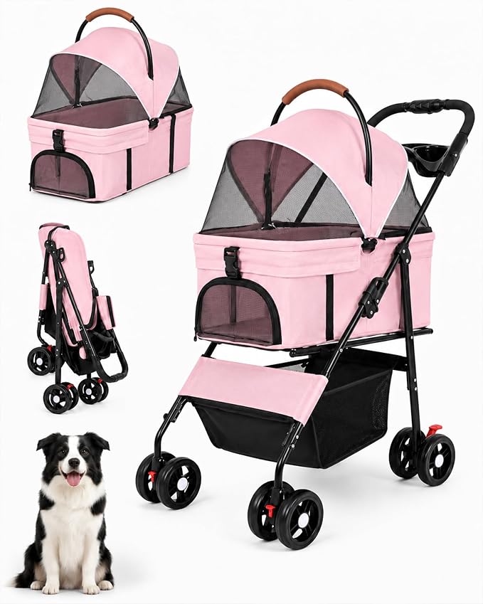 Pet Stroller, 3 in1 Foldable Dog Cat Stroller with Detachable Carrier-35lbs | Lightweight Foldable Dog Stroller, All-Terrain 4 Wheels, Compact Travel Pet Stroller for Small to Medium Pets-Pink