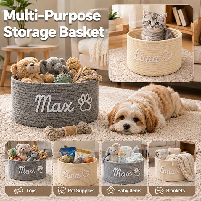 Personalized Dog Toy Basket with Name, Custom Puppy & Kitten Toy Storage Bins, Personalized Cute Handmade Cotton Rope Organizer for Snacks, Pet Supplies, Birthday Gifts Basket for Pets (A1)