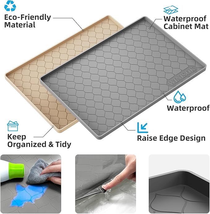 Winisok Waterproof Under Sink Mat 28" x 22", Silicone Mat, Light Gray | Raised Edge Traps Spills & Leaks, Shelf Liner, Cabinet Protector, for Kitchen, Bathroom, Boots, Pets, Home Essentials