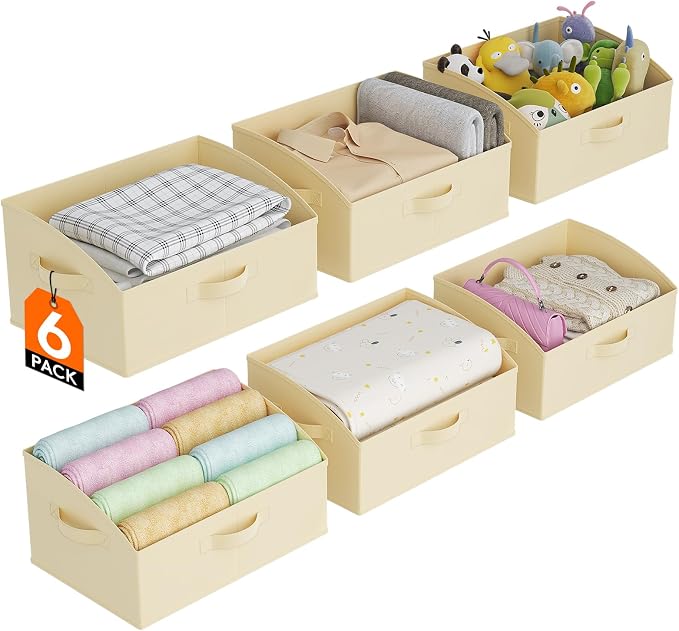 Lifewit Trapezoid Closet Storage Bin for Shelf, 6 Packs 19L, Beige | Non-woven Closet Organizer Baskets with Handles, Foldable Clothes Containers Boxes for Clothing, Book, Purse, Large