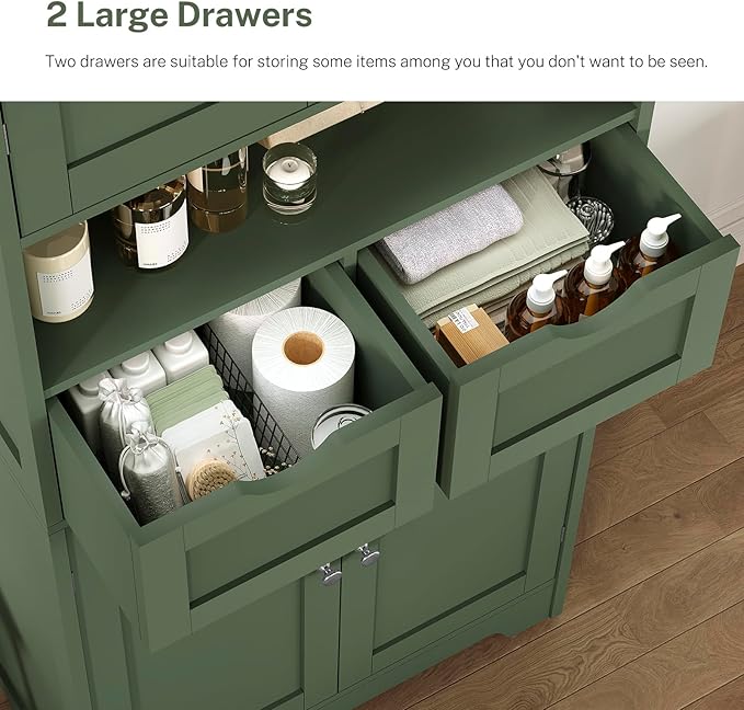 TEENFON 57.8" H Tall Bathroom Storage Cabinet with 2 Drawers & 2 Adjustable Shelves, Floor Cabinet with 4 Doors, Tall Cabinet for Living Room, Dining Room, Entryway, Forest Green