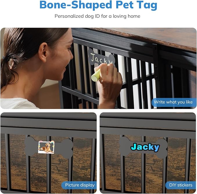 Petrova 47" Dog Crate Furniture for Large/Medium Dogs, Heavy Duty Dog Kennel Indoor with Name Tag, Wooden Dog Cage with Sliding Barn Door, Decorate House as TV Stand, End Table, Brown