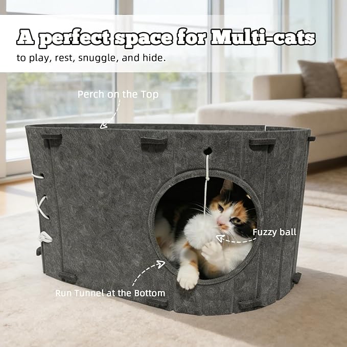 Cat House for Indoor Cats - Foldable Cat Bed Cave with Scratch-Resistant Felt Cats Tunnel Bed Condo & Hanging Fluffy Ball | Cozy Spacious Hideaway for Multi-Cats| Durable & Easy to Store Gray