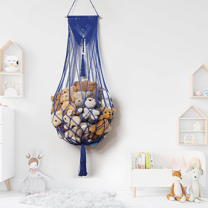 Stuffed Animal Net or Hammock Corner or Wall Hanging Net for Plush Toy Storage Boho Macrame Toy Display Nursery Bedroom Decor Stuffy Animal Toy Organizer (Blue)