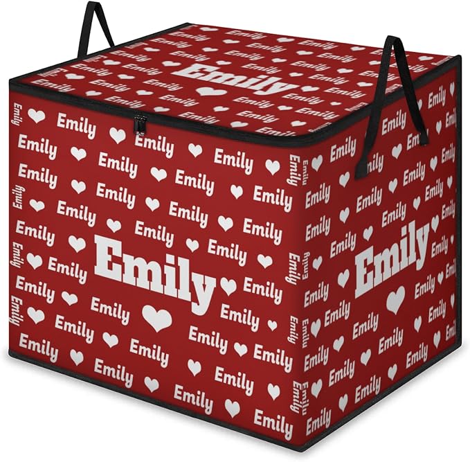 Personalized Name Foldable Storage Basket Cubes with Lid, Laundry Hamper Dirty Clothes Pet Toys Storage Bin with Handles for Shelf Home Closet Kitchen, Solid Red Background with Love Heart