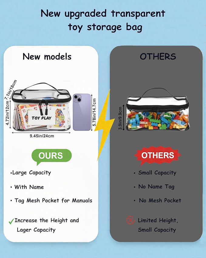 6 Pack Clear Toy Storage Bags with Tag & Pocket – Versatile Waterproof Organizer Bags for Lego Bricks, Board Games, Building Blocks, Puzzles, Dolls, Books