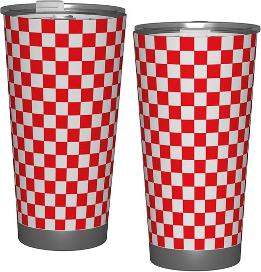 20 Oz Red White Checkered Tumbler for Hot & Cold Drinks, Insulated Coffee Travel Car Mugs, Stainless Steel Cup for Family Friends Birthday Present