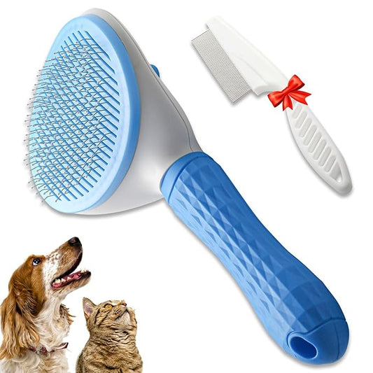 Self-Cleaning Pet Grooming Brush – Professional Stainless Steel Slicker Brush for Dogs & Cats – Includes FREE Bonus Hair Comb