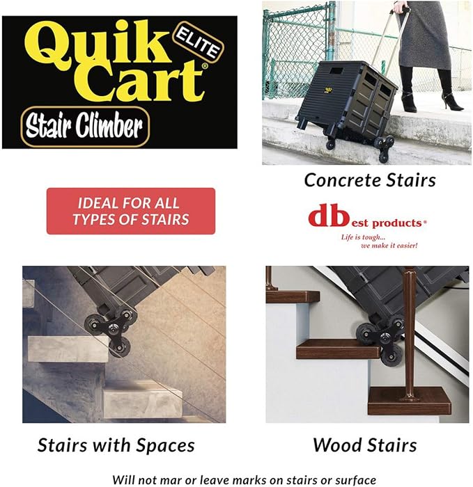 dbest Products Quik Cart Elite Stair Climber Rolling Crate - Black | Collapsible, with Wheels, 120 lbs Capacity, Heavy Duty, Telescoping Handle, Folding Utility Cart with Seat
