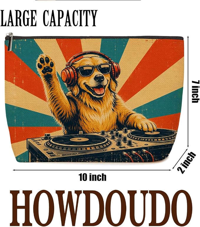 Cool DJ Dog Makeup Bag Funny Cat Headphones Cosmetic Bag Gifts for Women 02 | Cool Durable Travel Organizer Pouch for Women, Stylish Dog Lovers Gift, Retro Style Music Lover Animal Toiletry Bag