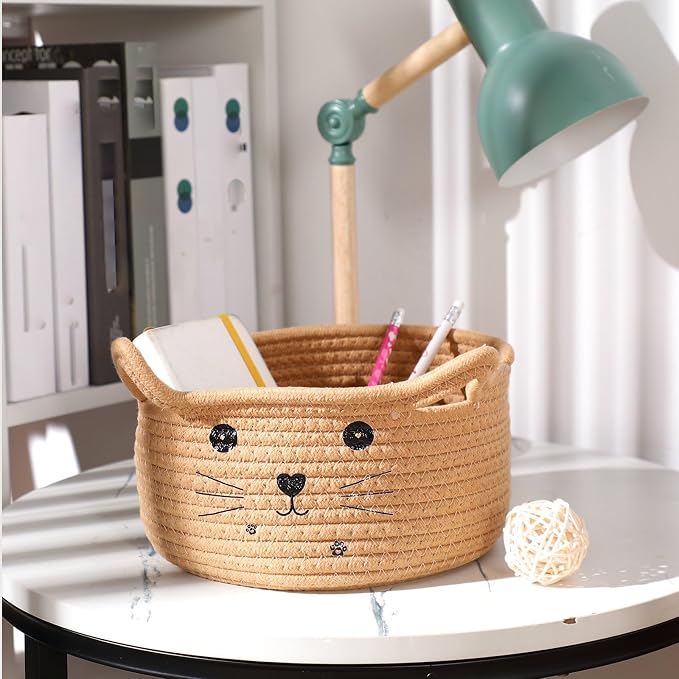 Zopeal Cat Storage Basket Woven Organizer with Ears Decorative Gift Cute Cotton Rope Pet Toy Basket for Gift Cat Dog Toy Bin Nursery Room(8.3 x 4.7 Inch,Khaki)