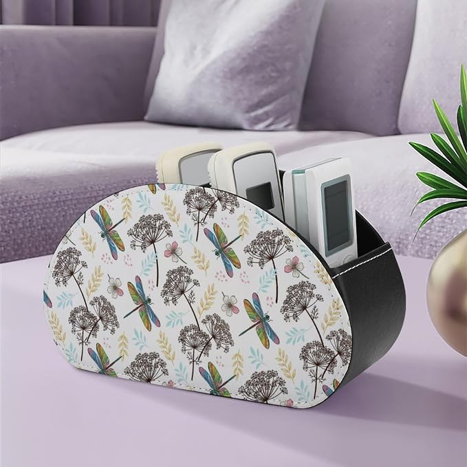 TV Remote Control Organizer Flowers Dragonfly Caddy Box with 5 Compartment | Botanical Flowers Dragonfly, PU Leather Desk Storage Bag Fits Controller, Makeup Brushes, Media Player, Office Supplies