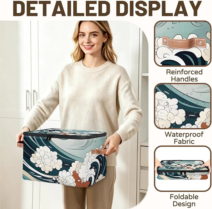 Japanese Waves Vintage Foldable Storage Bin with Lid Zipper | Closet Shelf Organizer, Boxes, Basket Containers for Home, Lidded Storage Cube for Bedroom, Waterproof, with Handles