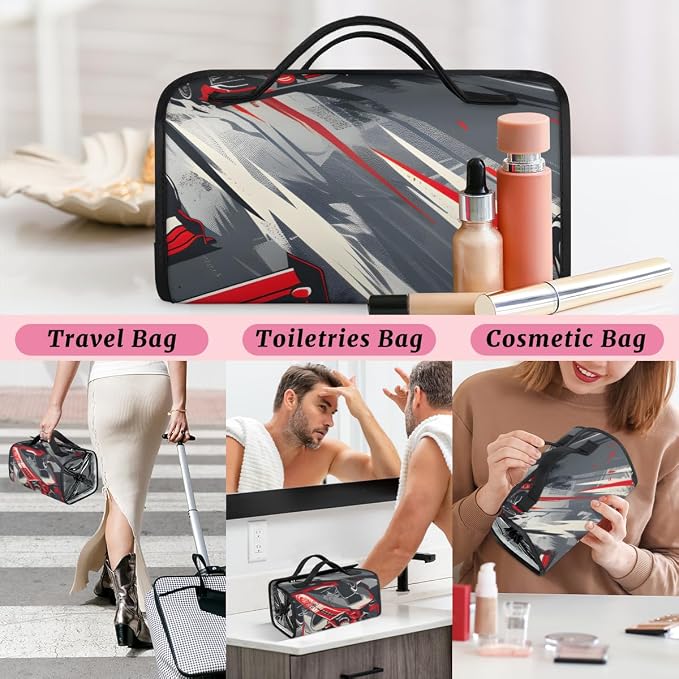 Racing Car Makeup Bag for Women Hanging Roll-Up Travel Organizer Toiletry Kit with 4 Removable Compartments, Race Car