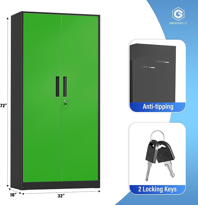 Greenvelly Metal Storage Cabinet with Doors and Shelves, 72" Inch Locking Metal Cabinet,Garage Storage Cabinet for Garage Office School Warehouse (Black Green)