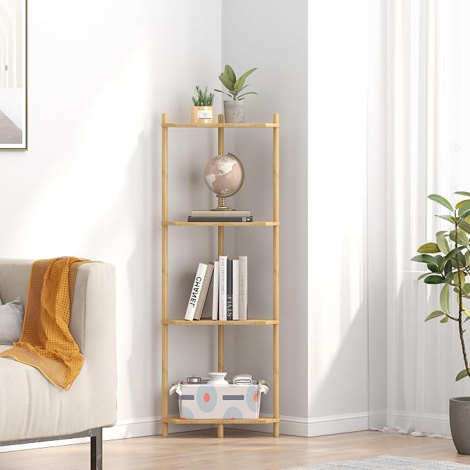 Wisuce Natural Small Corner Shelf Stand, 4-Tier Bamboo Corner Bookshelf | Space-Saving Narrow Corner Shelf | Bathroom Corner Shelf | Shelves for Bedroom, Living Room, Kitchen & Plant Display