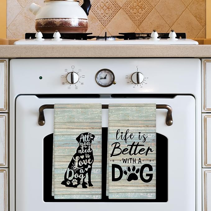 Life is Better with A Dog Kitchen Towels and Dishcloths Set of 2, Funny Decorative Hand Towel Drying Cloth for Bathroom, Gifts for Dog Lovers, Hostess, Women, 16x24 Inches -08