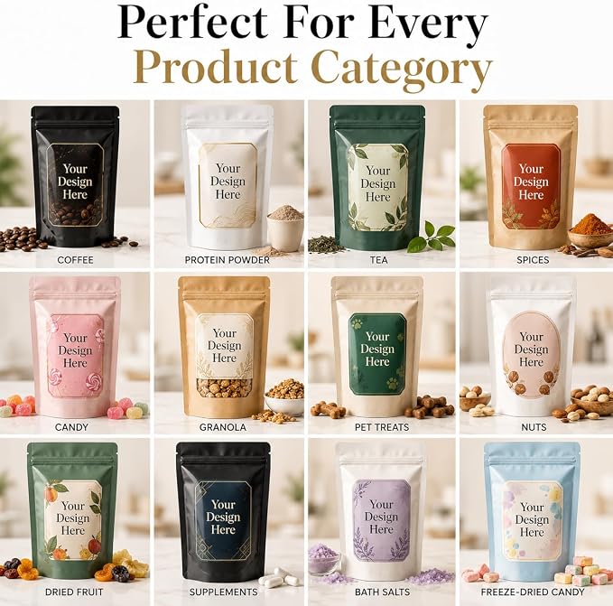 Custom Pouch Labels - Personalized Waterproof Vinyl Stickers for Pouches | Coffee Bags, Food Packaging, Tea, Protein Powder, Pet Treats, Glossy Custom Product Labels