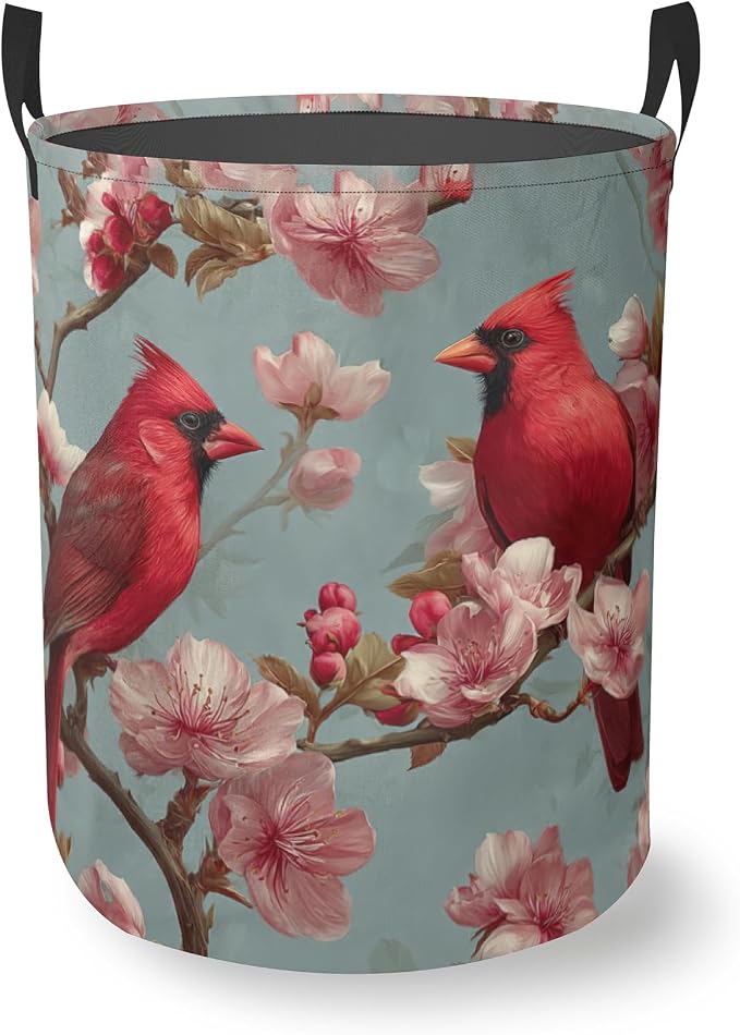 Laundry Basket With Handle, Dirty Clothes Laundry Hamper, Oxford Cloth Bin Storage Organizer for Toy Collection (Spring Cardinal Bird)