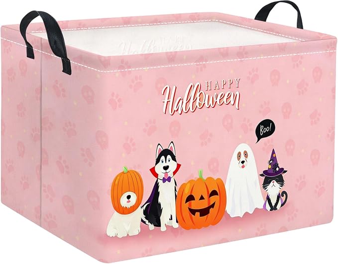 Halloween Basket Cute Baskets for Kids Pumpkin Basket Rectangular Storage Bin Organizer Box Room Decor(Pink Dog Halloween)