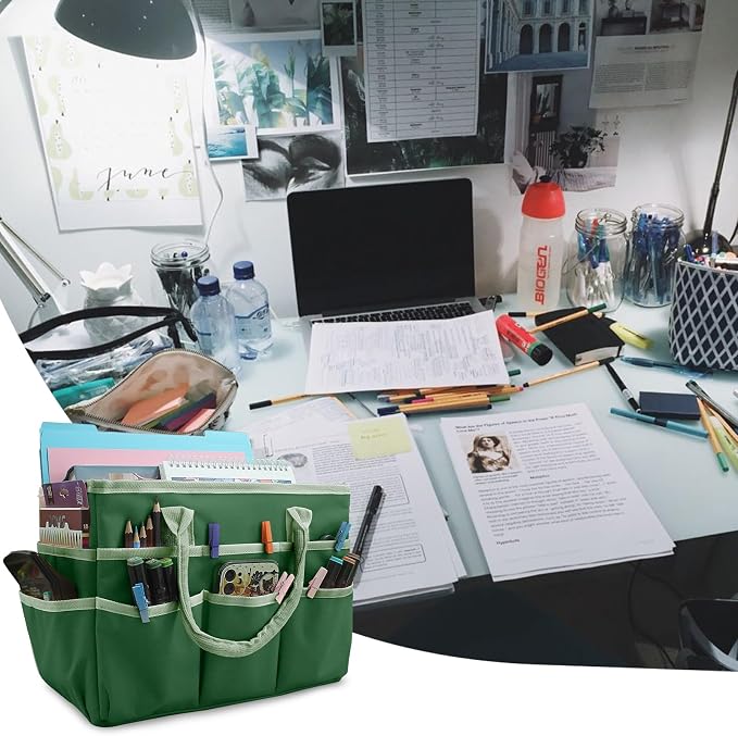 Cupohus Craft Organizer Bag, Green Art Supply Tote with Multiple Pockets | Portable Storage Tote for Scrapbooking, Journal, Sewing, Oxford Fabric Carrying Caddy for Teacher, Officer, Artist