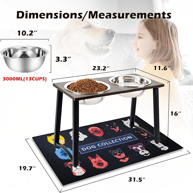 ADENGL Elevated Dog Bowls for Large & X-Large Dogs, 16" Tall Raised Stand with 2 Stainless Steel 3000ML Bowls, Slow Feeder & Spill-Proof Mat – Extra Large Dog Food & Water Bowl Set