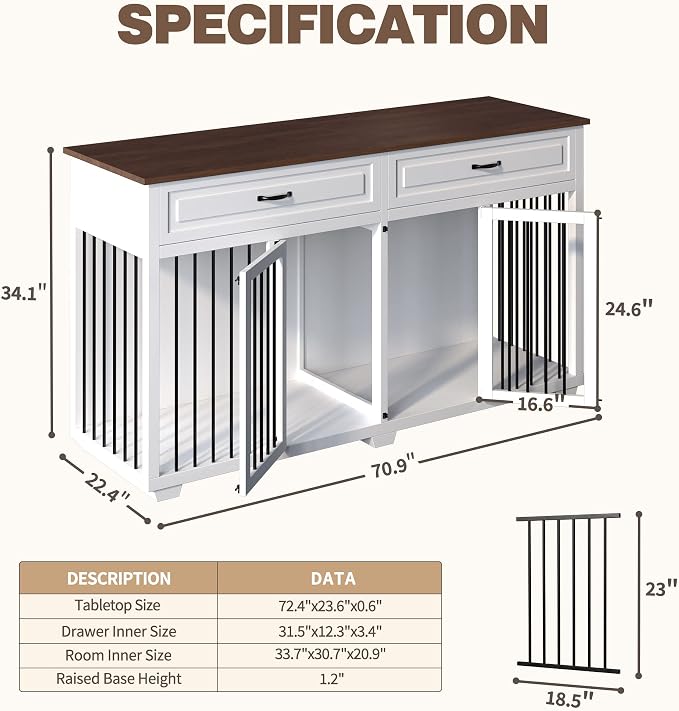Large Dog Crate Furniture, 72.4" Wooden Dog Crate Kennel with 2 Drawers and Divider, XXL Heavy Duty Dog Crates Cage Furniture for Large Dog or 2 Medium Dogs Indoor, White