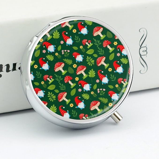 Round Pill Box for Purse Tote Bag Red Mushroom Unique Design Gnome Green 3 Compartment, Compact Pill Organizer for Travel Supplements