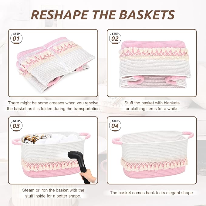 6 Pack Storage Basket for Shelves, Boho Cotton Rope Storage Bins with Heavy Tassel, Shelf Baskets Large Woven Baskets for Organizing, Cube Organizer Bins, Baby Laundry Basket for Clothes, Toys, Pets