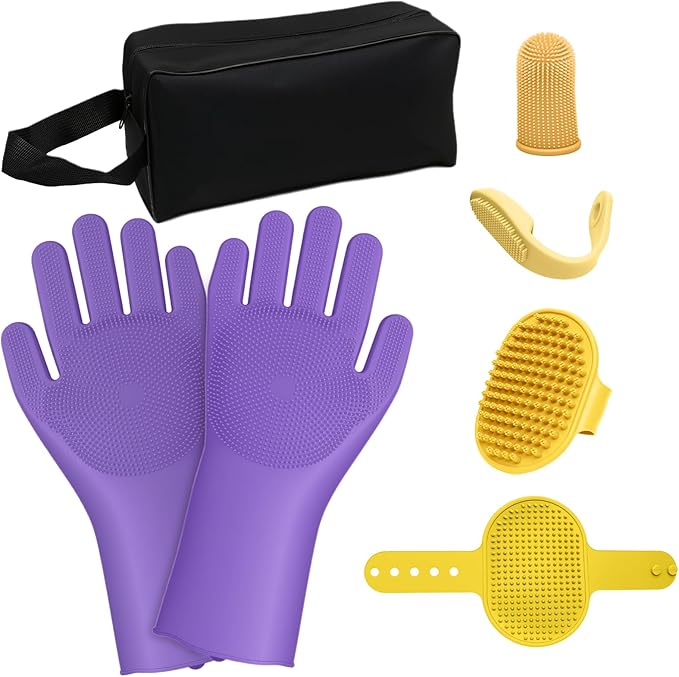 7PCS Dog Bath Brush | Pet Grooming Gloves | Storage Bag | Soothing Massage Rubber Comb with Adjustable Ring Handle | Pet Bathing For Dogs and Cats (Lavender Purple)
