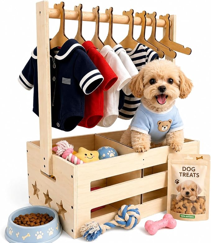 Wooden Pet Wardrobe Closet with 8 Clothes Hangers, Dog Storage Organizer with Clothes Rack, Cat Toy Accessories Storage Bin, Cat Wardrobe with Handle, Easy to Assemble