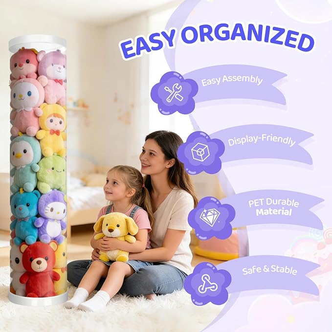 Stuffed Animal Storage Tube, Dust-Resistant 47x11 Inches Large Capacity Toy Storage Organizer with Zipper, Easy Assembly & Space Saving for Plush Toys, Playrooms Living Rooms Bedrooms White