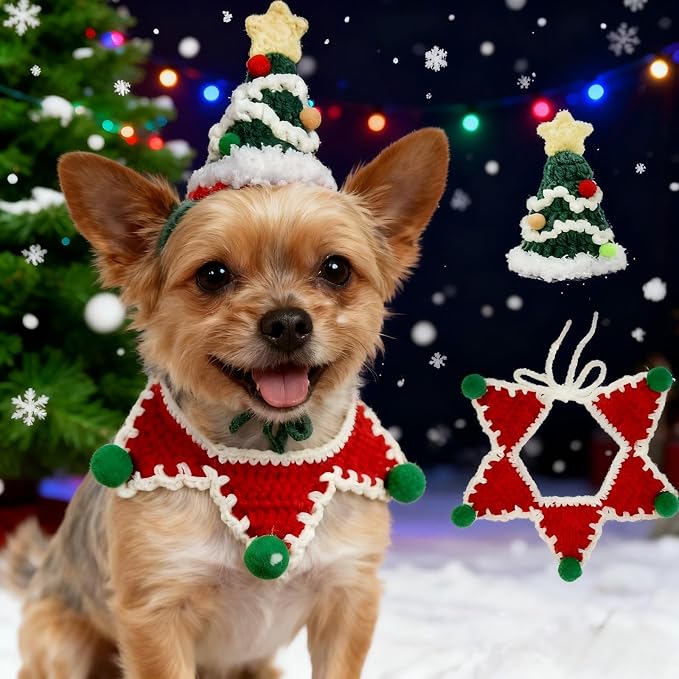 Christmas Cat Costume,Handmade Dog Outfit with Christmas Tree Cat Hat,Knitted Dog Costume,Adjustable Fit Five-Pointed Star Clothes, for Dogs,Rabbits