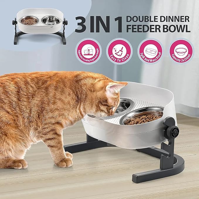All for Paws Height Adjustable Cat Elevated Bowls Stainless Steel Dog Food Water Bowls, Height Adjustable Cat Feeder Mess Proof Pet Feeding Bowls for Small to Large Size Cats