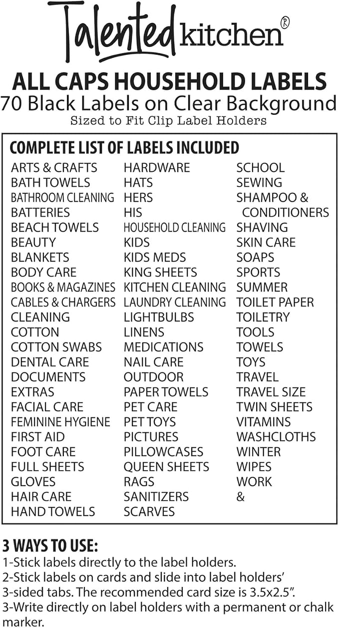 Talented Kitchen Storage Bin Label Holder Set - Easy-On Clip-On Tags for Storage Bins - 70 Preprinted Pantry Labels for Containers & Baskets - 8-Pack, 3.5" x 2.5", White