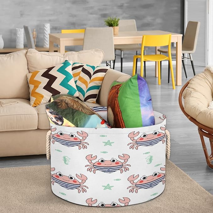 Large Storage Baskets - Nautical Crab Nursery Organizer Bin Box with Handles Collapsible Round Laundry Hamper for Kids Toys Pet Blanket, Bedroom Living Room Home Decor Gift Basket