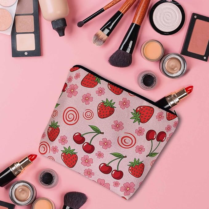 Strawberry Makeup Bags Makeup Organizer, Summer Strawberries Cherries Pink Flax Toiletry Bags Travel Cosmetic Bag Makeup Purse Pouch Skincare Bag Wallet Bags For Women Female Mom Daughter