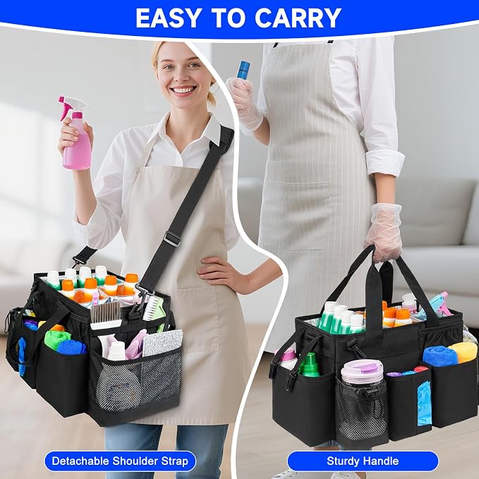 Cleaning Caddy Bag, Cleaning Supplies Organizer for Housekeepers, Housekeeping Caddy with Handle and Detachable Padded Cushion, Black