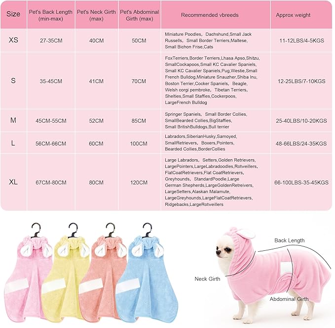Pet Bathrobe Towel Dog Cat Drying Coat Super Absorbent Cute Dogs Bath Towel Hooded Robe Adjustable Collar & Belly Strap for XSmall to XLarge Pets (Pink, X-Large)