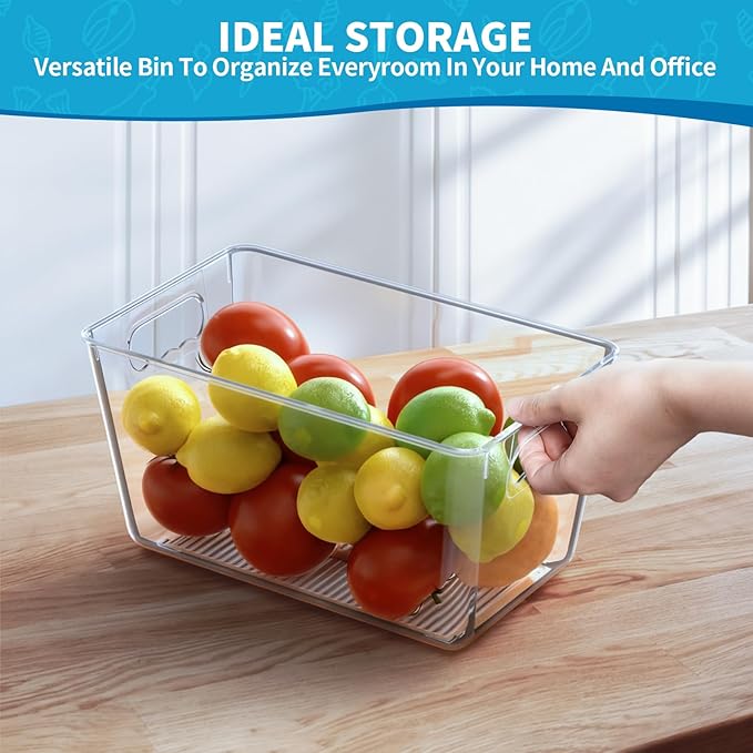 Clear Fridge Organizer Bins with Handles, 4 Pack Medium 10×6×5 Inch | Clear storage bins with handles, food organizer basket for kitchen, fridge, freezer and bedrooms