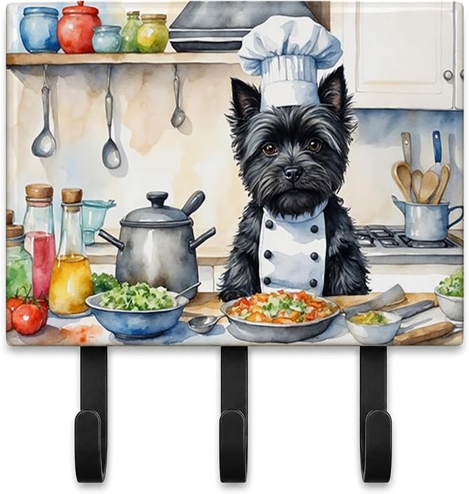 Caroline's Treasures Cairn Terrier The Chef Leash or Key Holder Wall Hooks, Key Hooks Holder, Coat Rack Wall Mount, Coat Hooks, Hooks for Hanging Keys, Towels, Aprons, Leashes | Cairn Terrier The Chef artwork on ceramic tile with three steel hooks for ...