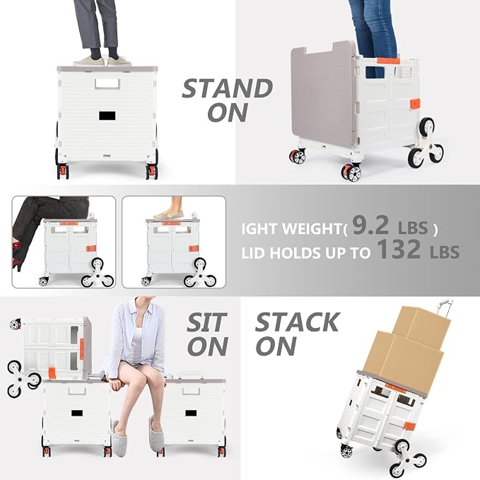 Foldable Utility Cart with Stair Climbing Wheels,Collapsible Rolling Crate with Magnetic Lid Telescopic Cover,Telescoping Handle,360° Rotate Wheel Hand Cart for Teacher Shopping Moving(Milky White)