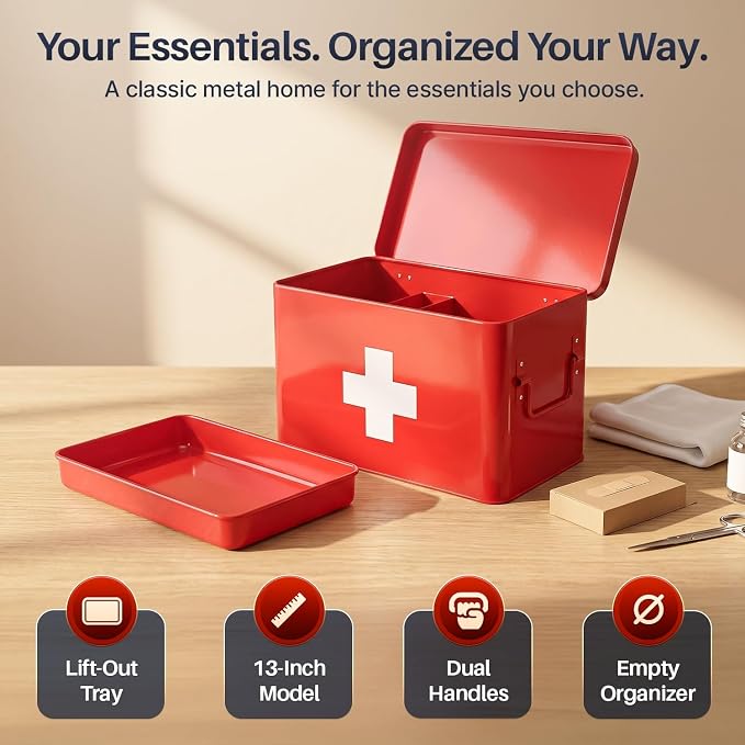 Flexzion Large Metal First Aid Box Empty, 13-Inch, Red with White Cross | Vintage Medicine Box and First Aid Storage Organizer with Removable Tray and Dividers; Empty Box Only, Supplies Not Included