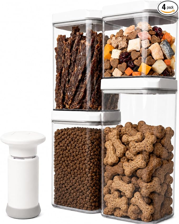 BARRYSAIL Vacuum Pet Food Storage Set with Pump, 4-Piece Airtight Canister | Keeps kibble fresh 4x longer. BPA-free, stackable clear jars. Safe -4-140°F. For dog/cat dry food & treats. 1500/1000*2/700ml