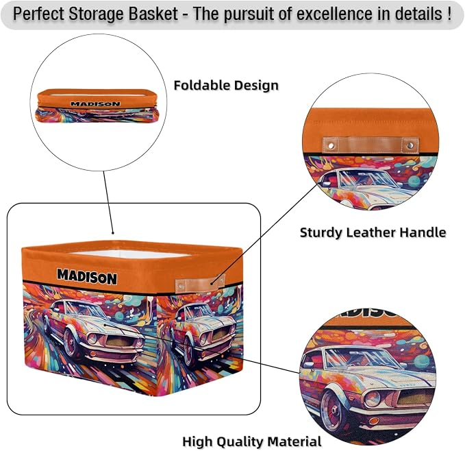 Custom Rectangle Storage Basket, Personalized Name Organizer Bins for Pet/Children Toys, Books, Clothes, Perfect for Rooms/Playroom, Watercolor Painted Car